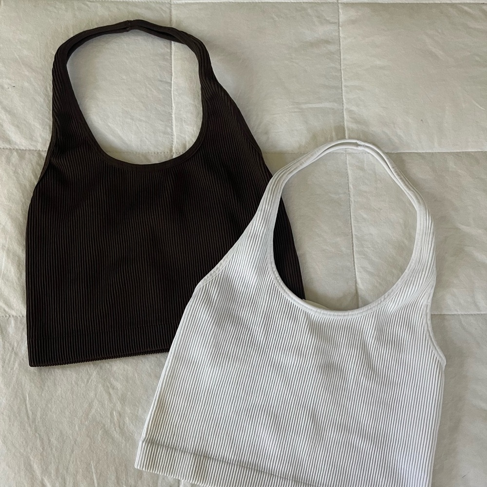 Brown & White Halter Cotton on Tops